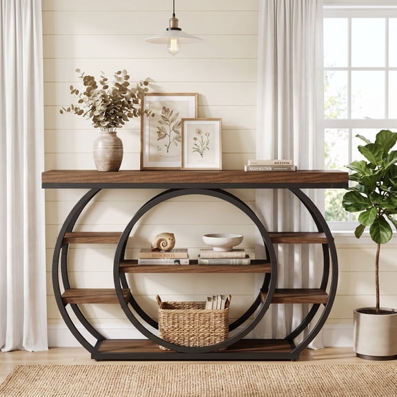 Fnova 47" Industrial Console Table, 5-Tier Entryway Table with Circular Metal Frame, Narrow Sofa Table for Living Room, Hallway, Foyer