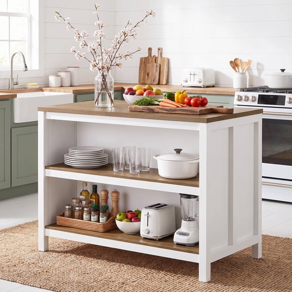 Fnova 47" Kitchen Island with Storage and Leg Room, Modern 3-Tier Island Table with Large Countertop for Kitchen Dining Room, White & Brown