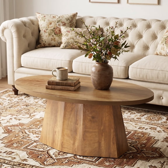 Fnova 47" Oval Center Table with Polygonal Pedestal, Modern Coffee Table for Living Room, Child-Friendly, Easy Assembly, Yellowish Brown