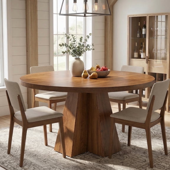 Fnova 47" Round Wooden Dining Table, Farmhouse Kitchen Table with Sturdy Base for Kitchen, Dining Room, Living Room, Brown
