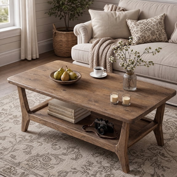 Fnova 47" Solid Wood Coffee Table, 2-Tier Center Table with Storage Shelf, Rectangular Tea Table for Small Space Apartment Office, Light Terracotta Brown