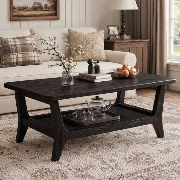 Fnova 47" Solid Wood Coffee Table, 2-Tier Center Table with Storage Shelf, Rectangular Tea Table for Small Space Apartment Office, Black