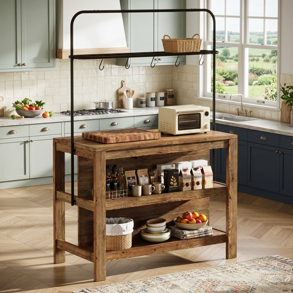 Fnova 47" Solid Wood Kitchen Island with Storage, Farmhouse Island Table with Seating Area & 5 Hooks, Brown