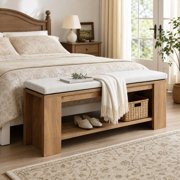 Fnova 47" Upholstered Bench with Padded Seat, Farmhouse End of Bed Bench for Bedroom, Entryway, Brown