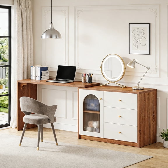 Fnova 48" Computer Desk, Modern Stretchable Convertible L-Shaped Dressing Table, Nail Corner Desk Station with Storage Cabinet and 3 Drawers, White Orange