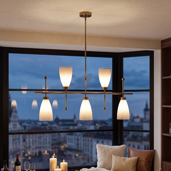 Fnova 5-Light Linear Pendant Light, Adjustable Height, Two-Tone Frosted and Clear Glass Shade, Modern Farmhouse Kitchen Island Dining Room Light Fixture