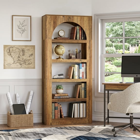 Fnova 5-Tier Arched Bookcase, 71" Farmhouse Tall Bookcase, Large Bookshelves Organizer for Living Room, Office, Bedroom, Brown