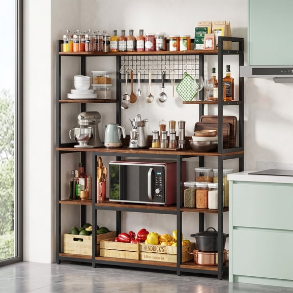 Fnova 5-Tier Bakers Rack, Microwave Oven Stand Kitchen Storage Shelf with 11 Hooks, Coffee Bar Station Island Table with Hutch, Rustic Brown