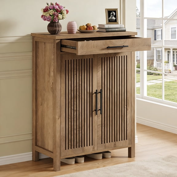 Fnova 5-Tier Cabinet with 1 Drawer, Side Cabinet Adjustable Shelves, Shoe Storage, Louvered Doors, Easy Assembly, for Entryway, Hallway, Living Room, Bathroom