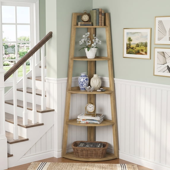 Fnova 5-Tier Farmhouse Corner Bookshelf, 70" Bookcase Ladder Shelf Plant Stand for Living Room, Kitchen, Home Office, Light Brown