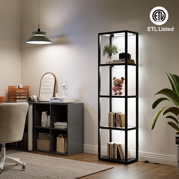 Fnova 5-Tier Floor Lamp with Shelves, 3 CCT Dimmable LED Wooden Corner Shelf Lamp with Remote Control, Open Bookshelf Lamp for Living Room, Black