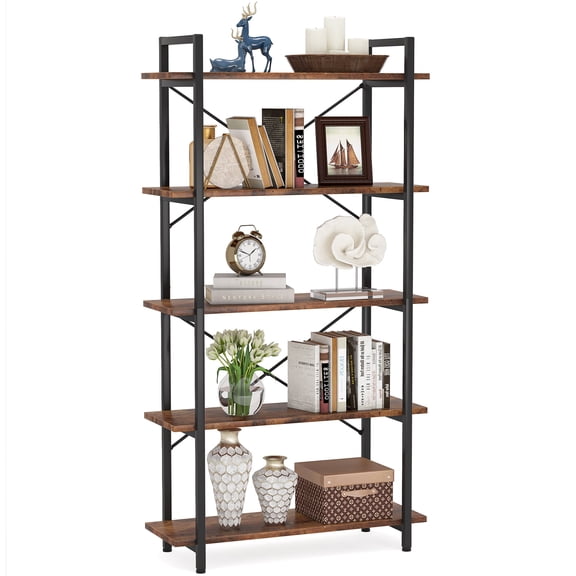 Fnova 5-Tier Industrial Storage Shelf Unit, Heavy Duty Metal Frame Open Bookcase Display for Living Room Bedroom Study Home Office
