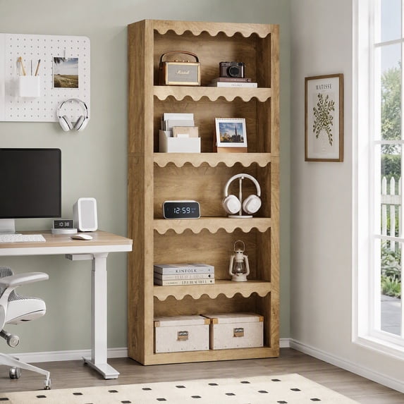 Fnova 5-Tier Open Bookcase, 70" Tall Bookshelf with Scalloped Edges, Modern Display Shelves Storage Organizer for Living Room, Home Office, Brown