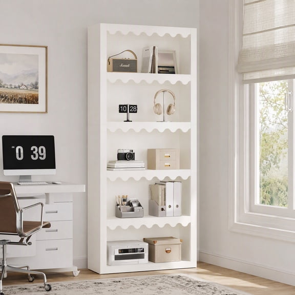 Fnova 5-Tier Open Bookcase, 70" Tall Bookshelf with Scalloped Edges, Modern Display Shelves Storage Organizer for Living Room, Home Office, White