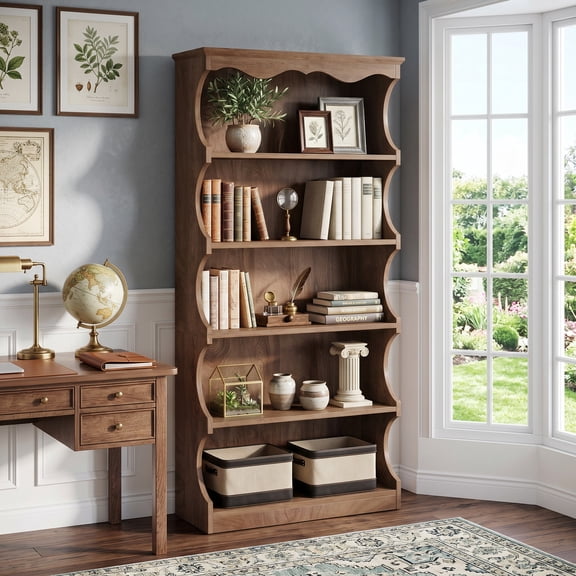 Fnova 5-Tier Tall Bookcase, 70" Wooden Bookshelf with Unique Curved-Edge Design, Freestanding Display Rack for Living Room Office Home, Rustic Brown