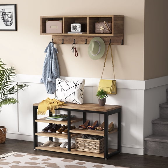 Fnova 5-in-1 Entryway Organizer, 3-Tier Shoe Rack with 3 Cubbies & 7 Hooks, Coat Rack for Hallway Mudroom