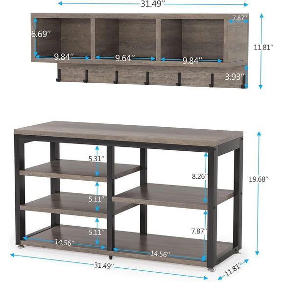 Fnova 5-in-1 Entryway Organizer, 3-Tier Shoe Rack with 3 Cubbies & 7 Hooks, Coat Rack for Hallway Mudroom