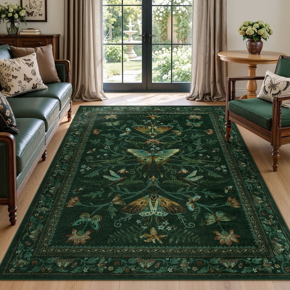 Fnova 5'x7' Boho Insect Washable Area Rug, Non-Slip Bohemian Floral Print Carpet, Oeko-Tex Certified, Green