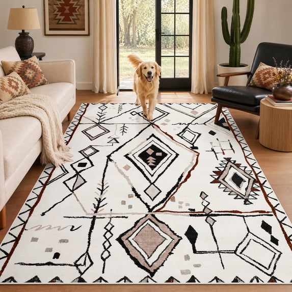 Fnova 5'x7' Boho Western Washable Rug, Low-Pile Aztec Non-Slip Area Rug Dining Carpet, Oeko-Tex Certified, Beige