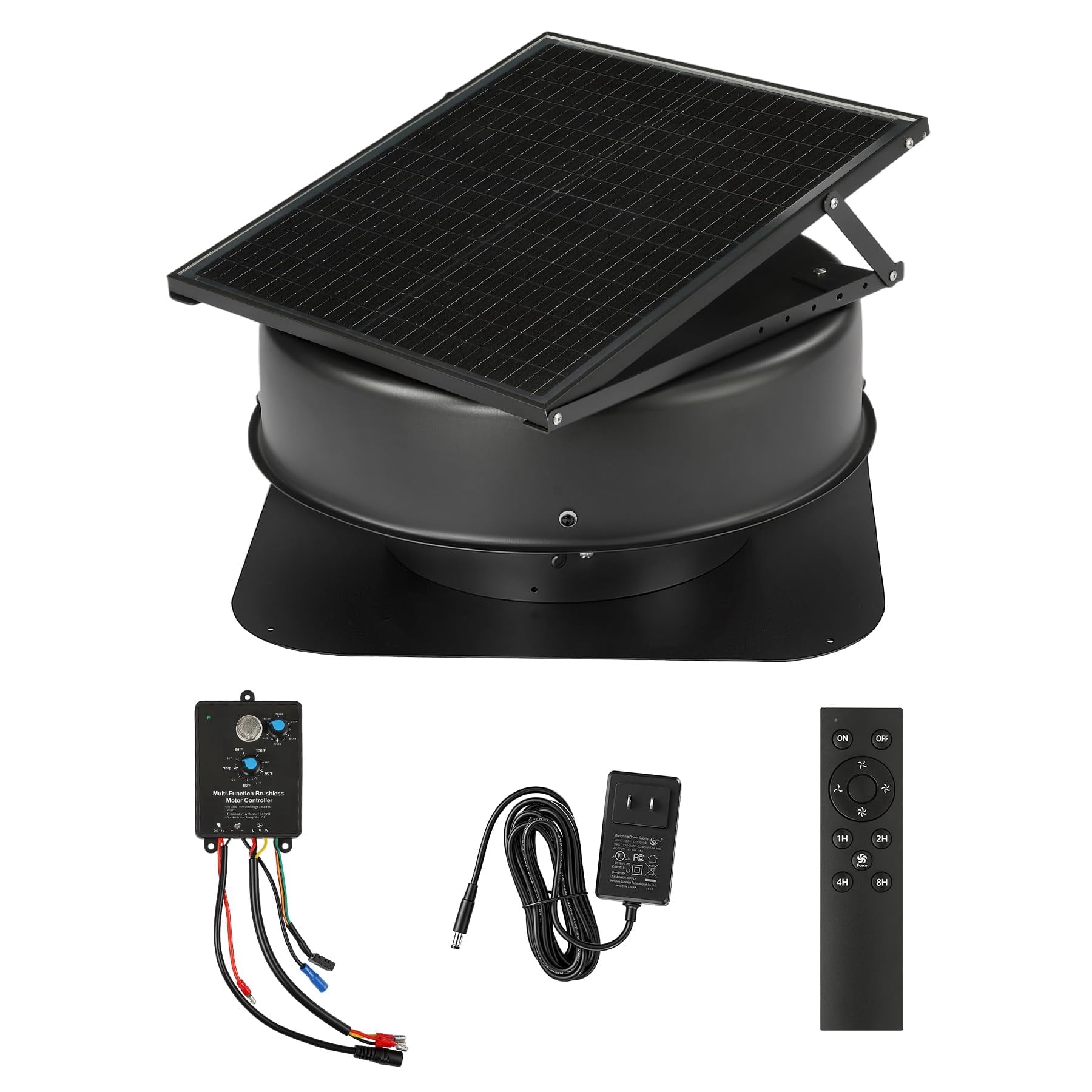 Fnova 50W Solar Attic Fan, 2500 CFM, Smart Thermostat/Humidity Sensor, Remote Control, Roof Vent for Garage Warehouse