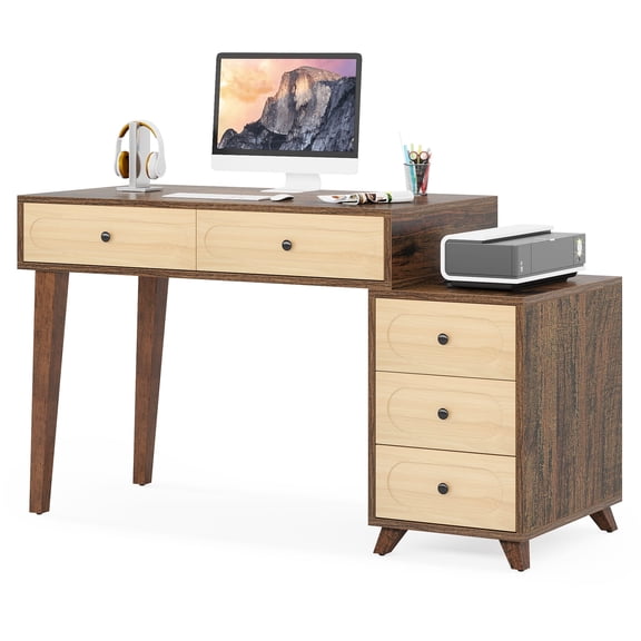 Fnova 51'' Computer Desk, Small Home Office Desk with 5 Drawers, Reversible Drawer Cabinet Space-Saving Workstation, for Small Home Office, Bedroom & Study