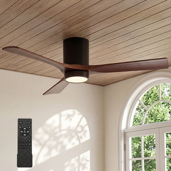 Fnova 52" Flush Mount Ceiling Fan with LED Light, 6 Speed Reversible DC Motor, Remote Control, Dimmable 3 Color Temperature, Quiet Operation for Living Room Bedroom