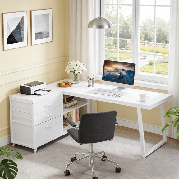 Fnova 53.15" L-shaped Computer Desk with 3 Drawers, Wood Tabletop, Metal Frame Office Desk, White
