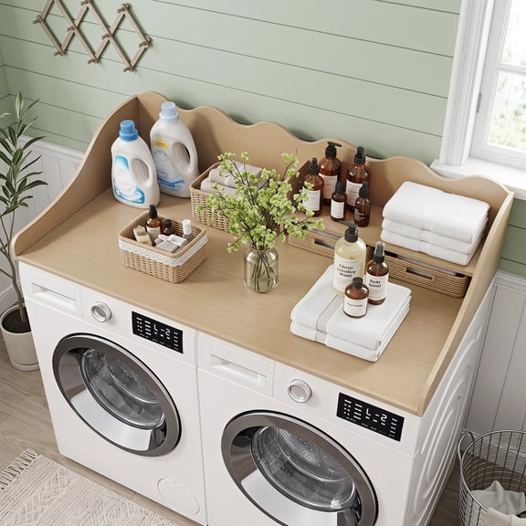 Fnova 54" 2-Tier Washer Dryer Countertop with Storage Shelf, Laundry Topper Organization with Non-Slip Pads, Waterproof, Stain-Resistant, Oak