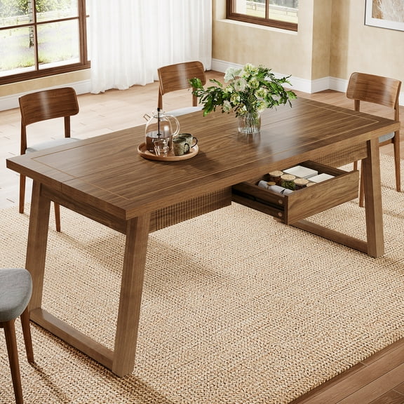 Fnova 55.12” Farmhouse Dining Table, Wood Rectangular Kitchen Table with Large Storage Drawer, Seats 4 to 6 for Dining Room & Kitchen, Living Room