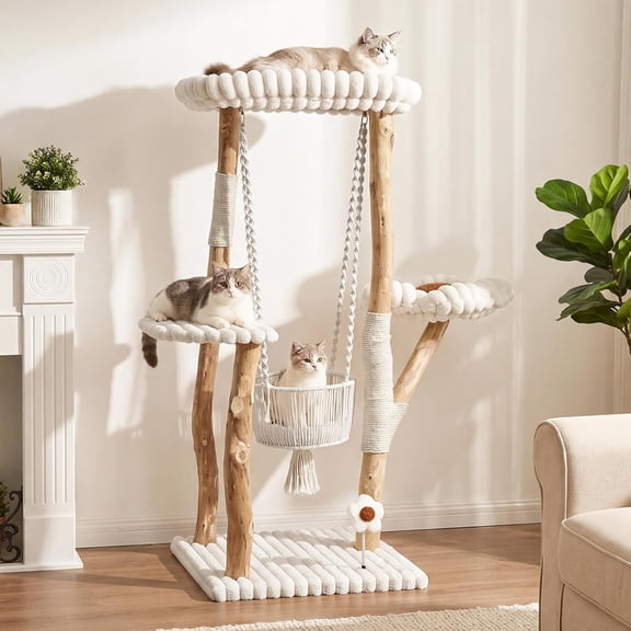 Fnova 55.12" H Solid Wood Cat Tree, Multi-Level Cat Tower with Hanging Basket Hammock, Washable Platforms & Sisal Scratching Posts, Indoor Cat Activity Tree for Multi-Cats