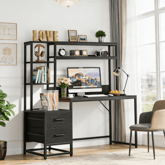 Fnova 55.12" Industrial Computer Desk with 2 Drawers, Shelves & Raised Baffle, Metal Frame Writing Desk, for Home Office/Study/Game Room, Easy Assembly