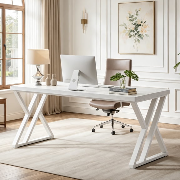 Fnova 55.12 Inch Home Office Computer Desk, Sturdy X-Shaped Metal Frame, Heavy Duty Study Workstation for Bedroom, Living Room, Study Room