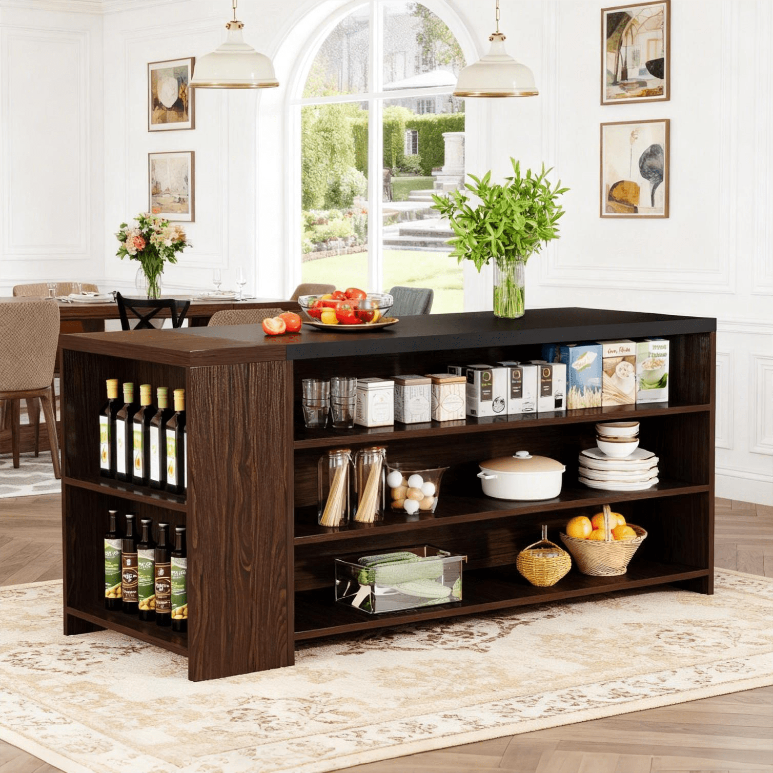Fnova 55.12" Modern Kitchen Island with 5-Tier Open Shelves, Kitchen Prep Island Workstation, Thickened Waterproof Scratch-Resistant Tabletop, for Kitchen, Dining Room, Living Room, Easy Assembly