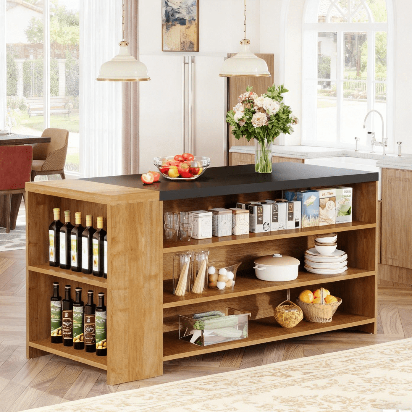 Fnova 55.12" Modern Kitchen Island with 5-Tier Open Shelves, Kitchen Prep Island Workstation, Thickened Waterproof Scratch-Resistant Tabletop, for Kitchen, Dining Room, Living Room, Easy Assembly
