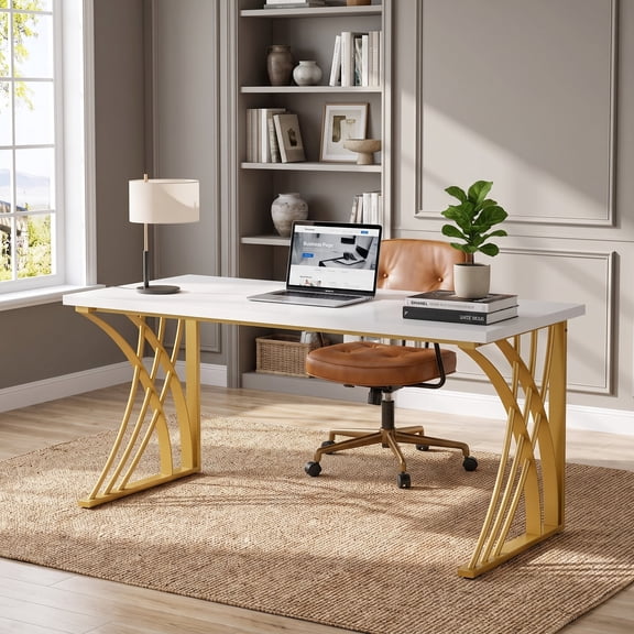 Fnova 55.12" Modern Writing Desk, CrissCross CurvedLeg, Spacious Work Surface, MultiPurpose Computer Table for HomeOffice, Bedroom, Vanity Use