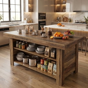 Fnova 55" 3-Tier Kitchen Island with Storage Shelf, Farmhouse Wooden Stationary Island Table with Large Worktop for Kitchen, Dark Brown
