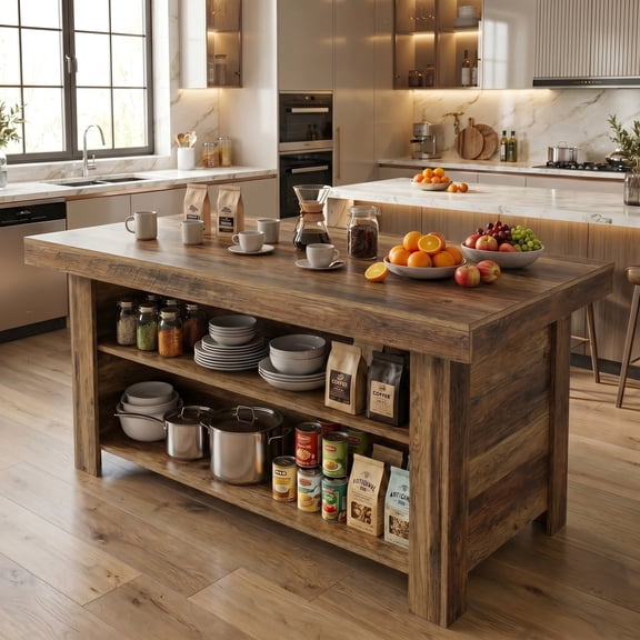 Fnova 55" 3-Tier Kitchen Island with Storage Shelf, Farmhouse Wooden Stationary Island Table with Large Worktop for Kitchen, Dark Brown