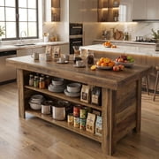 Fnova 55 3-Tier Kitchen Island with Storage Shelf, Farmhouse Wooden Stationary Island Table with Large Worktop for Kitchen, Dark Brown