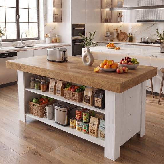 Fnova 55" 3-Tier Kitchen Island with Storage Shelf, Farmhouse Wooden Stationary Island Table with Large Worktop for Kitchen, Oak & White