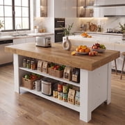 Fnova 55" 3-Tier Kitchen Island with Storage Shelf, Farmhouse Wooden Stationary Island Table with Large Worktop for Kitc