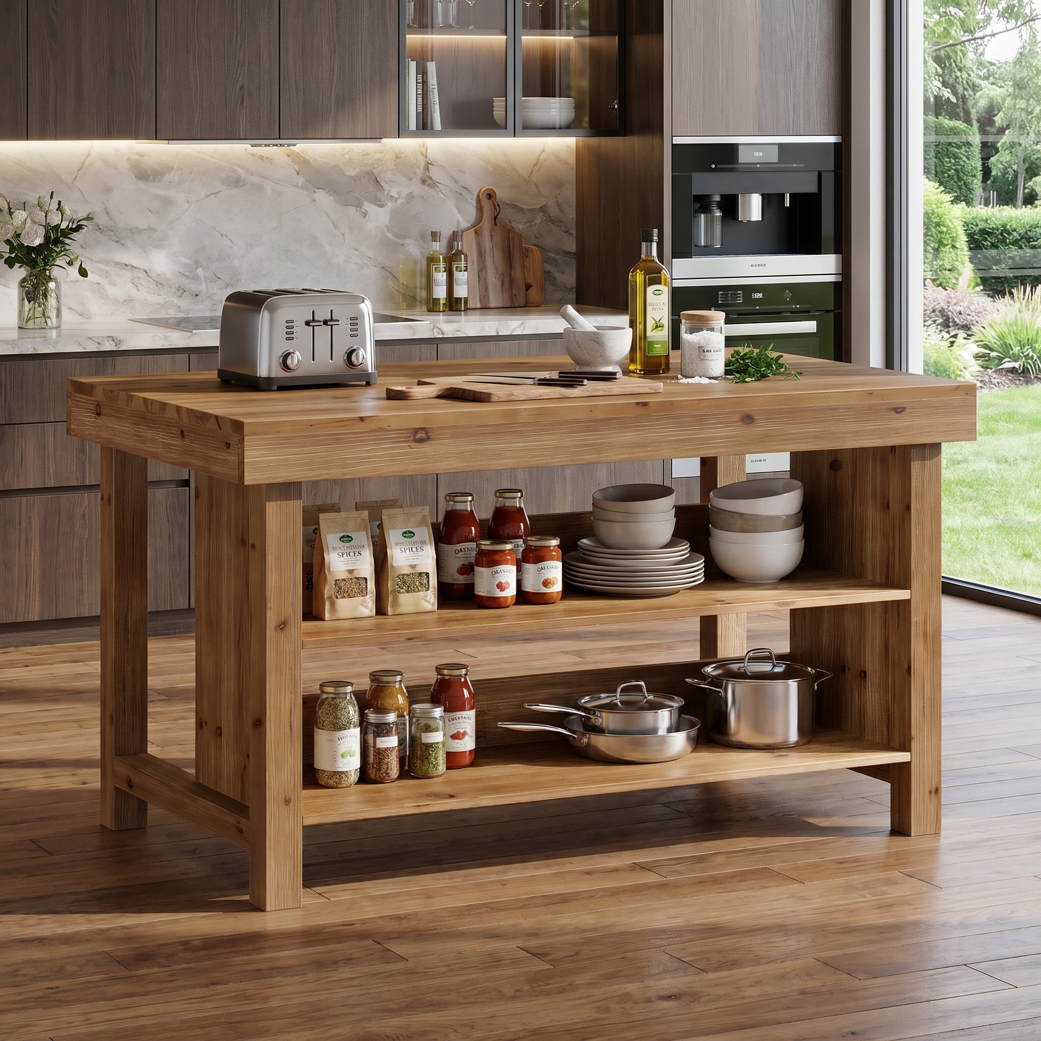 Fnova 55" 3-Tier Solid Wood Kitchen Island with Storage Shelf, Farmhouse Wooden Stationary Island Table with Large Worktop for Kitchen, Dining Room, Brown