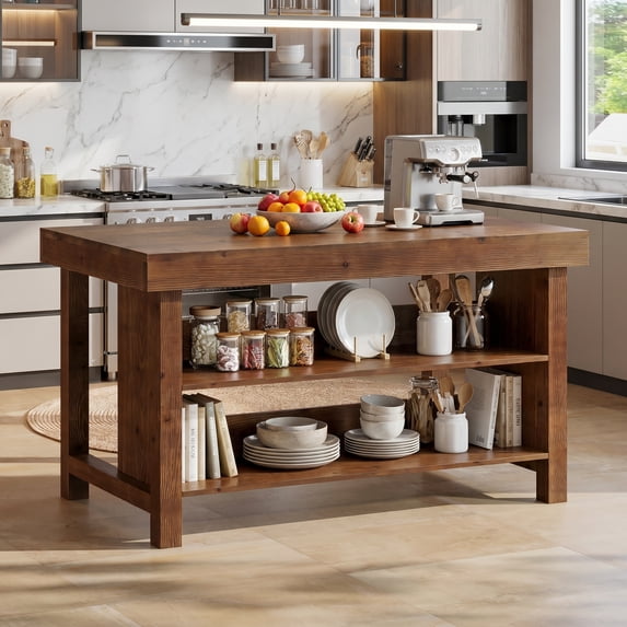 Fnova 55" 3-Tier Solid Wood Kitchen Island with Storage Shelf ...