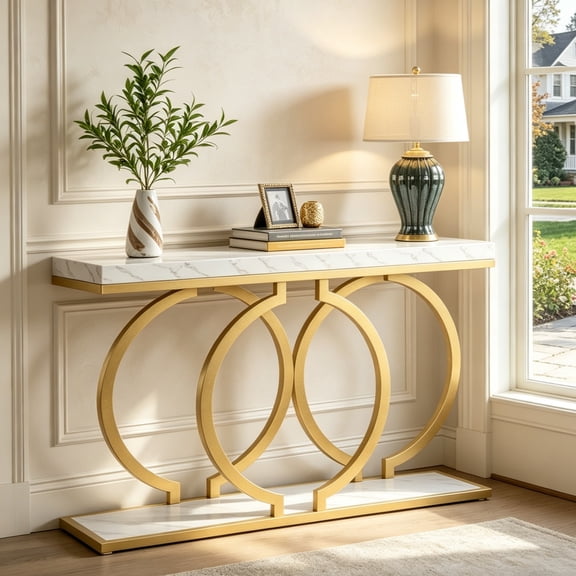 Fnova 55" Console Table, Modern Entryway Table with Geometric Metal Frame, Faux Marble Narrow Long Sofa Table for Living Room, Entrance, Hallway