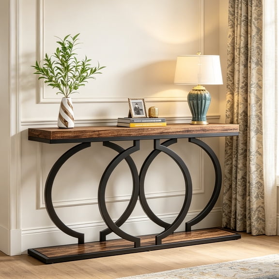 Fnova 55" Console Table, Modern Entryway Table with Geometric Metal Frame, Faux Marble Narrow Long Sofa Table for Living Room, Entrance, Hallway
