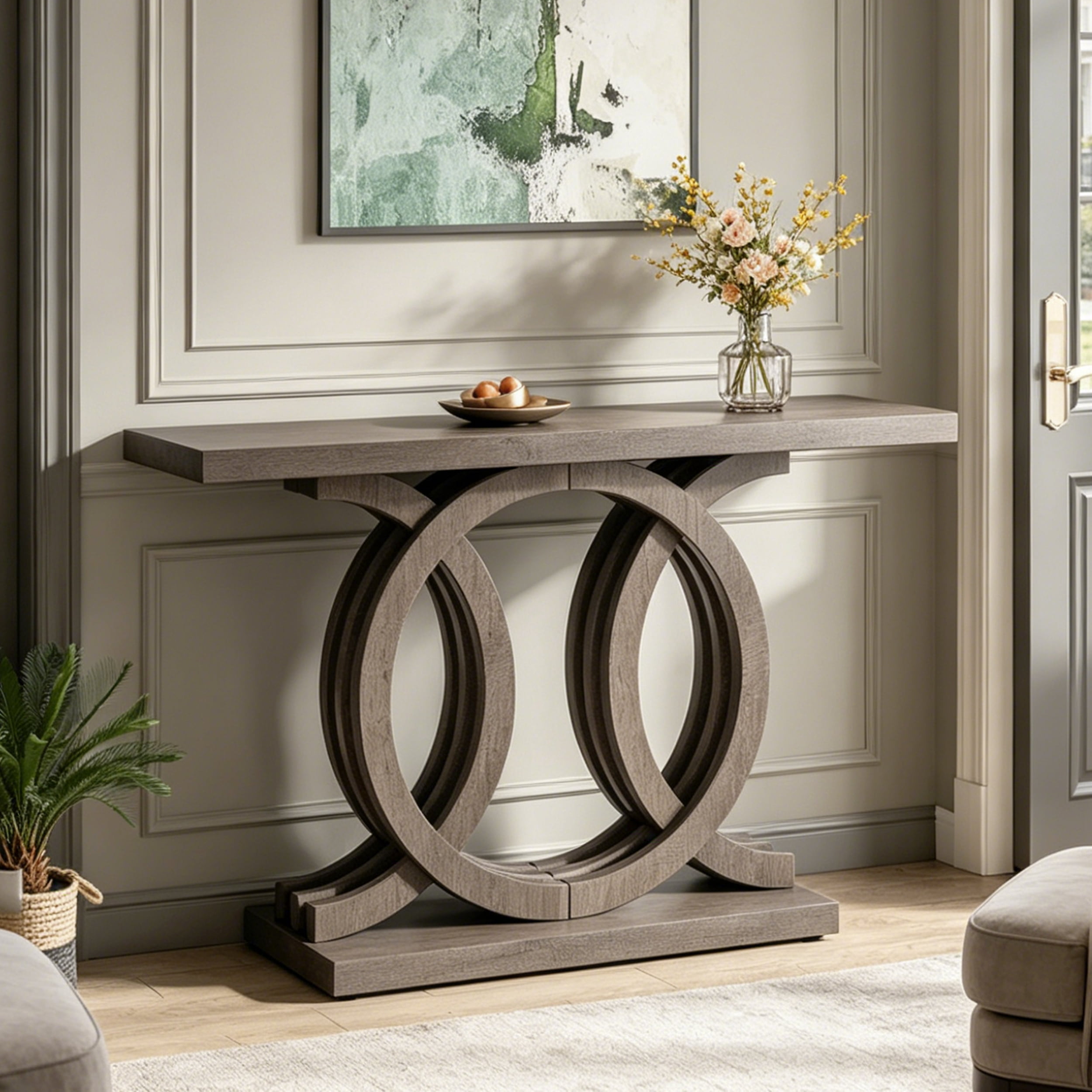 Fnova 55" Console Table with Geometric Base, Modern Wood Narrow Entryway Table Sofa Table for Living Room, Hallway, Foyer