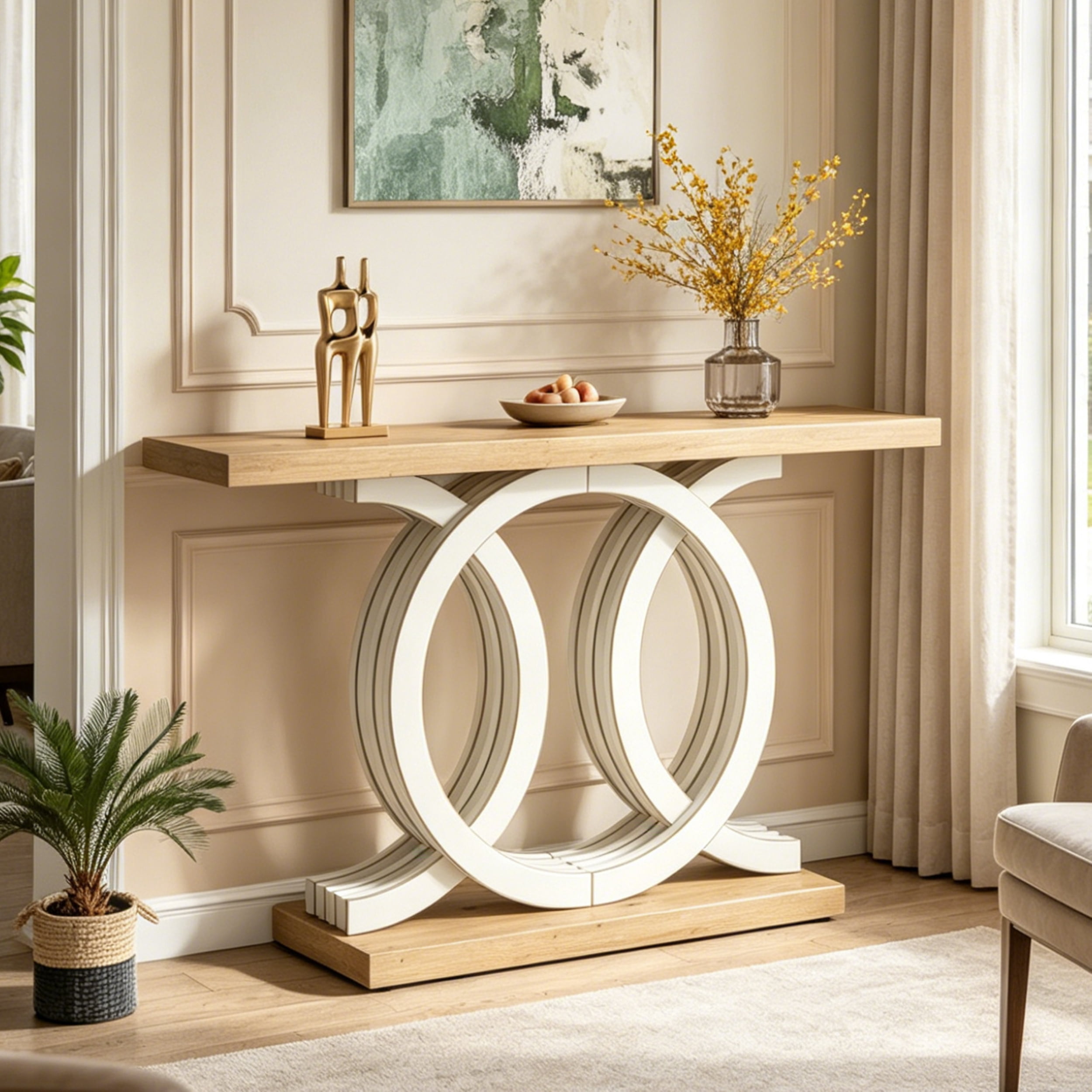 Fnova 55" Console Table with Geometric Base, Modern Wood Narrow Entryway Table Sofa Table for Living Room, Hallway, Foyer