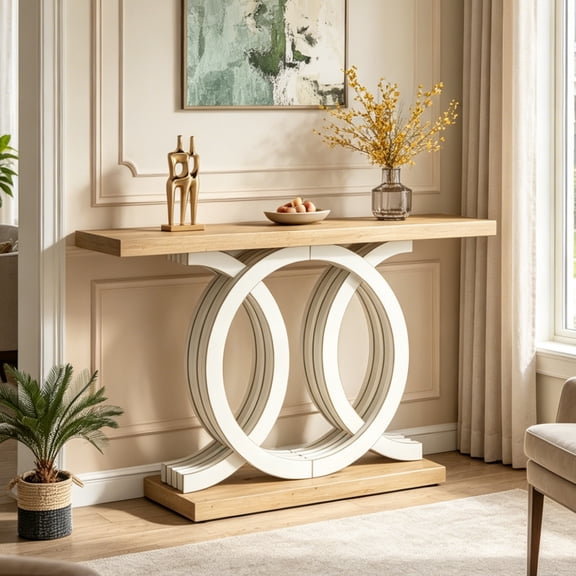Fnova 55" Console Table with Geometric Base, Modern Wood Narrow Entryway Table Sofa Table for Living Room, Hallway, Foyer
