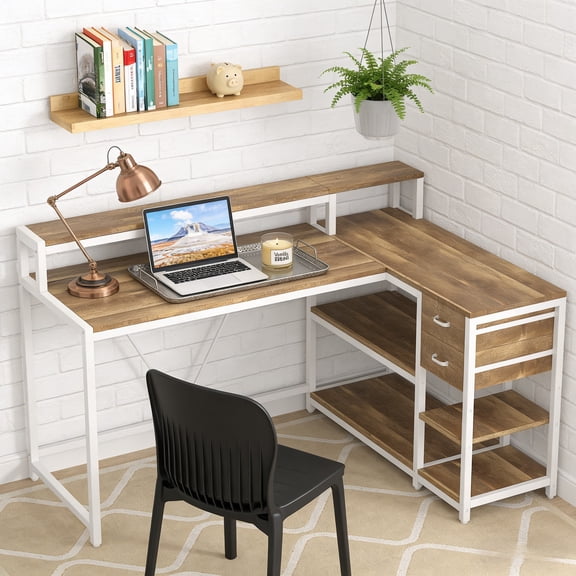 Fnova 55" Desk with Drawer, Modern Reversible L Shaped Table, Corner Computer Desk with Storage Shelves and Monitor Stand for Home Office
