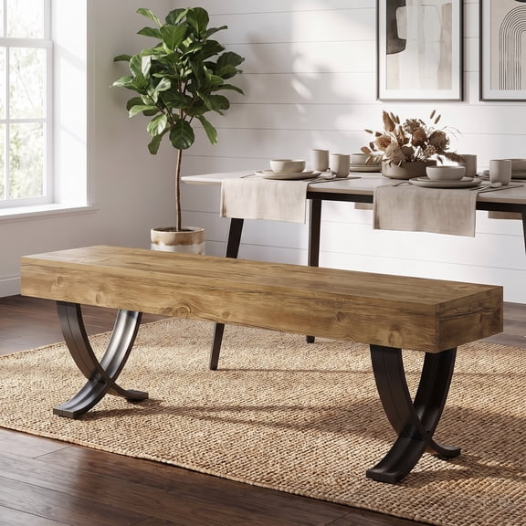 Fnova 55" Entryway Bench, Farmhouse Long Shoe Bench, Backless Wooden Seat for 2-3, End of Bed Stool with Metal X-Shaped Legs, Kitchen Table Seat Dining Seat for Entryway, Hallway, Living Room
