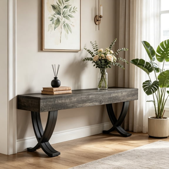 Fnova 55" Entryway Bench, Farmhouse Long Shoe Bench, Backless Wooden Seat for 2-3, End of Bed Stool with Metal X-Shaped Legs, Kitchen Table Seat Dining Seat for Entryway, Hallway, Living Room